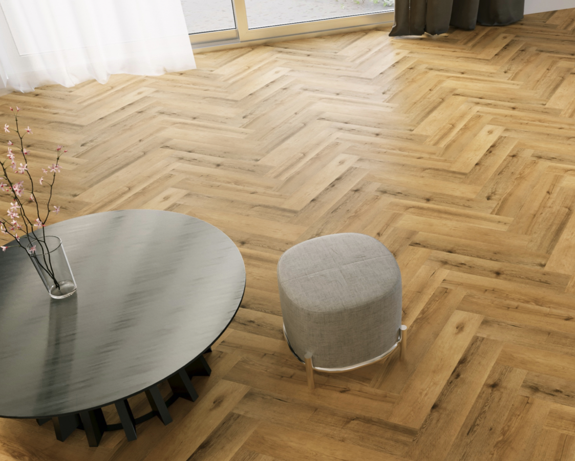 Kompozitná minerálna podlaha SPC Click Herringbone Dub EM_27 615x123x5 mm 23/34, 0,55mm - Rybia kosť – fotografia 3
